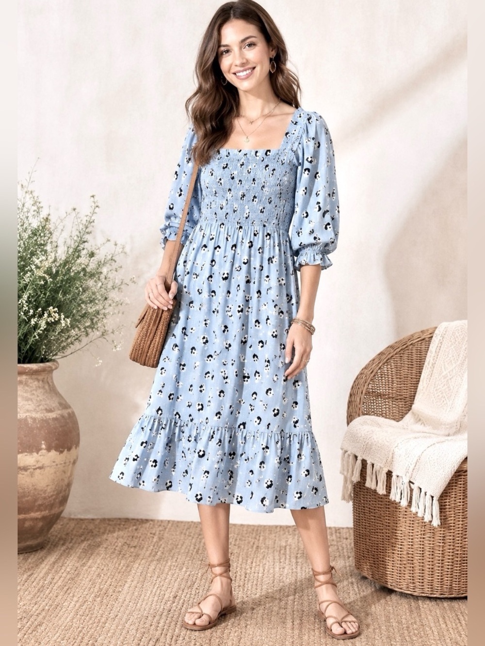 Kate Spade Floral Dot Smocked Midi Dress, Size M
